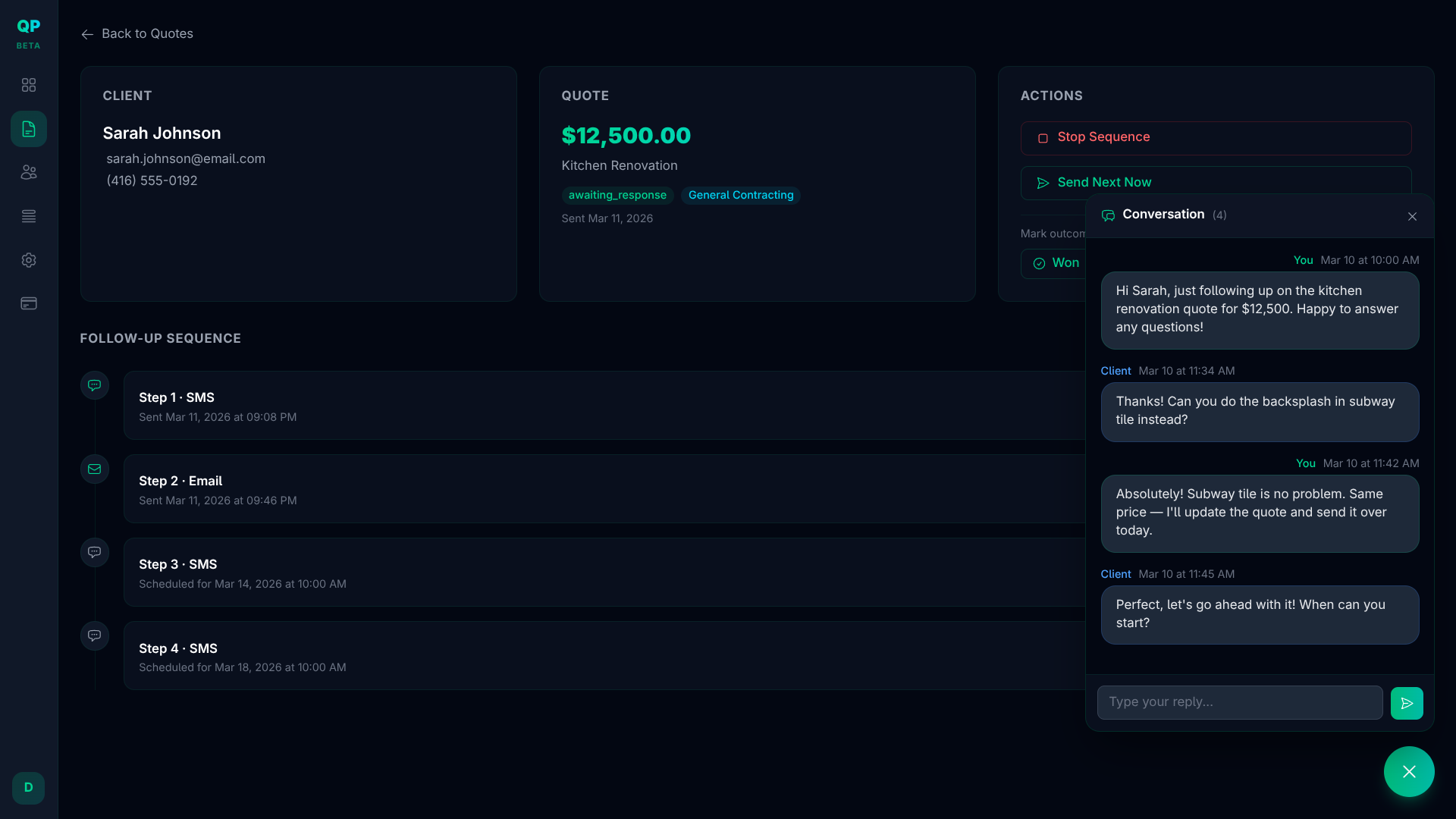 QuotePilot quote detail page with two-way SMS conversation